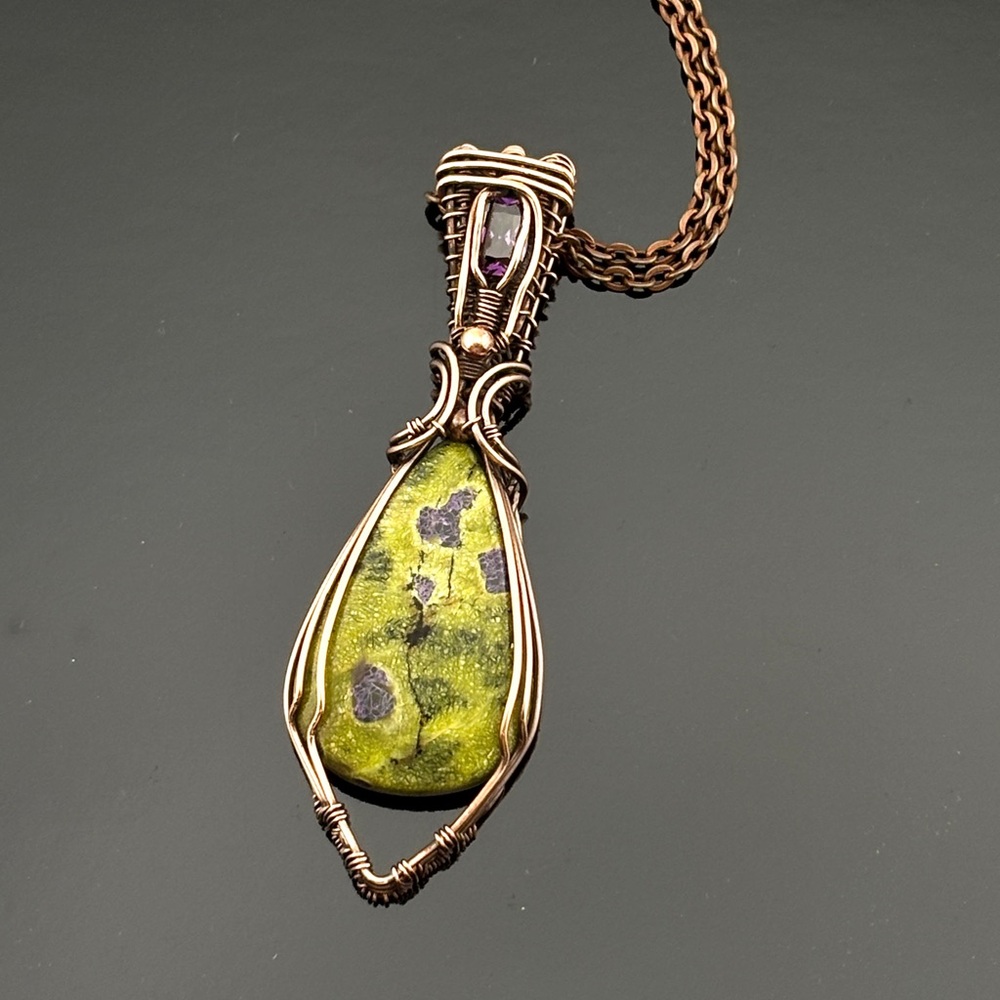 HAND CRAFTED Atlantisite and Faceted Cubic Zirconia Pendant Necklace, Handmade